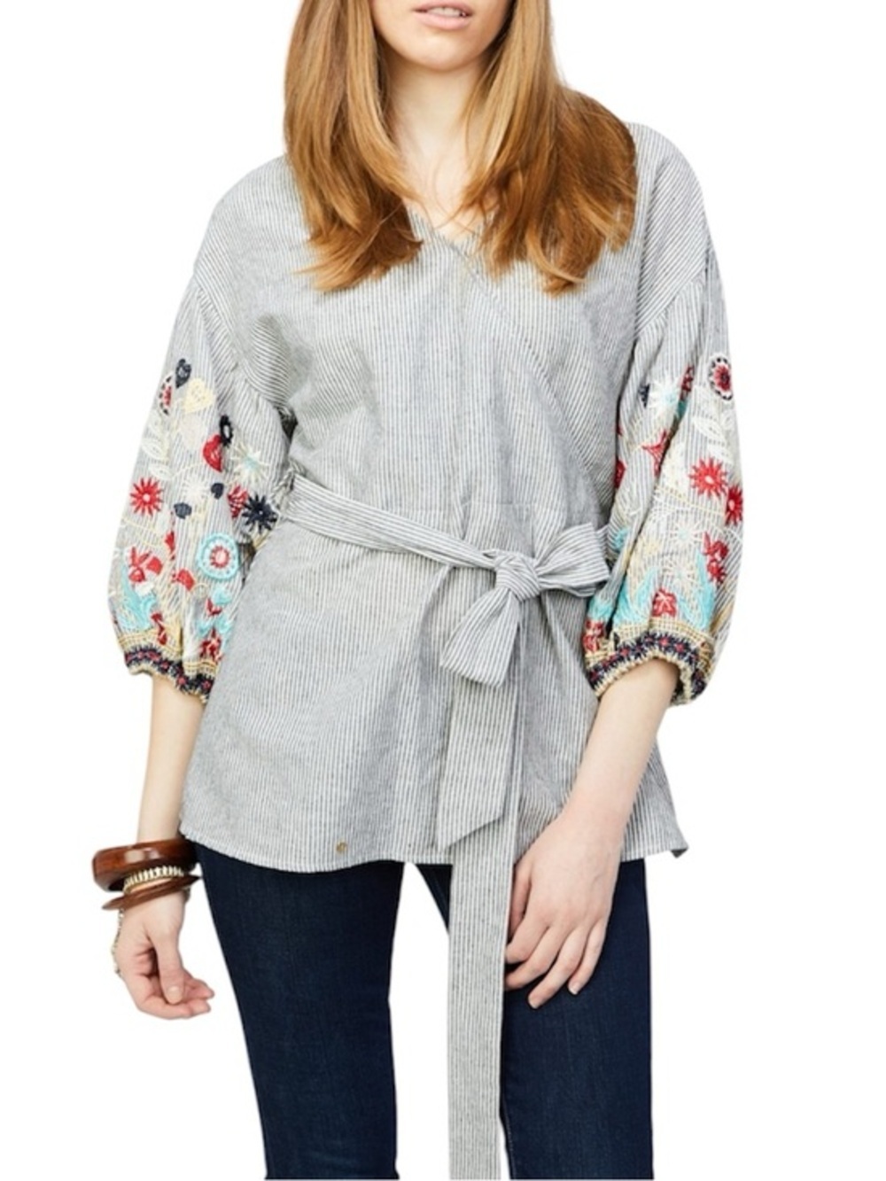 Striped Wrap Tunic with Embroidered Balloon Sleeves - Multi